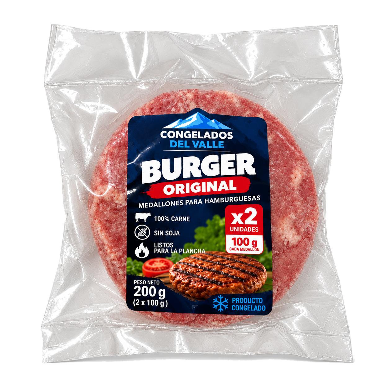 Paquete Burger Original de Congelados del Valle, dos medallones de 100 g